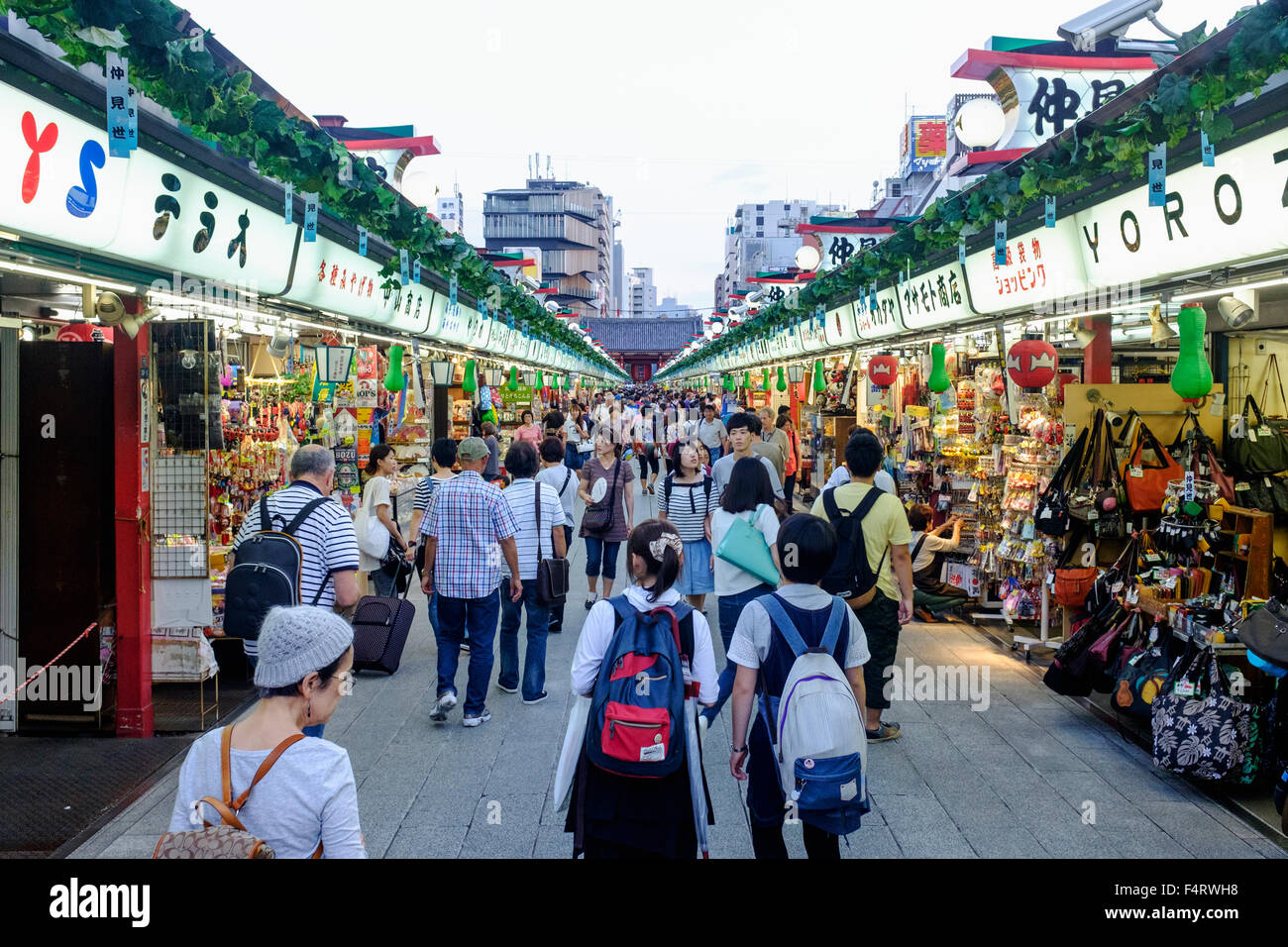 View along busy Nakamise Shopping Street at Sensoji Shrine in Asakusa district of Tokyo Japan Stock Photo