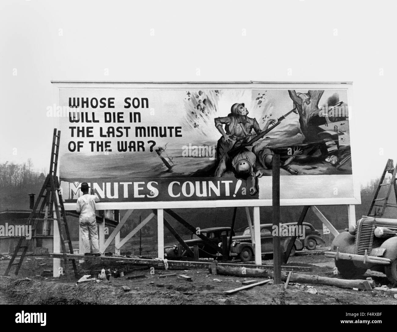 A billboard in Oak Ridge during WWII. 21st January 1944. The town of Oak Ridge was established by the Army Corps of Engineers as Stock Photo