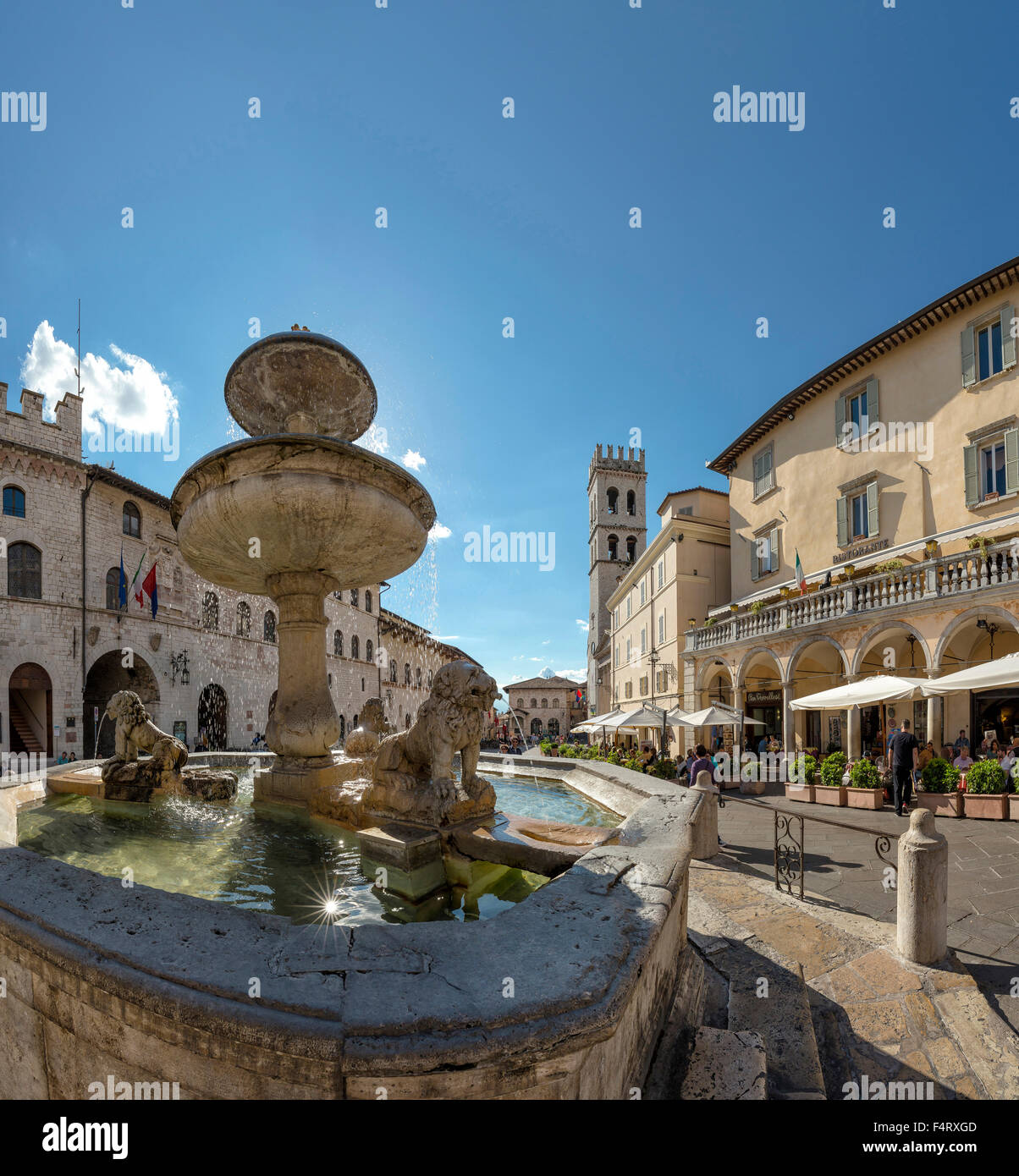 Italy, Europe, Assisi, Umbria, Piazza del Comune, village, water, spring, people, fountain, Stock Photo