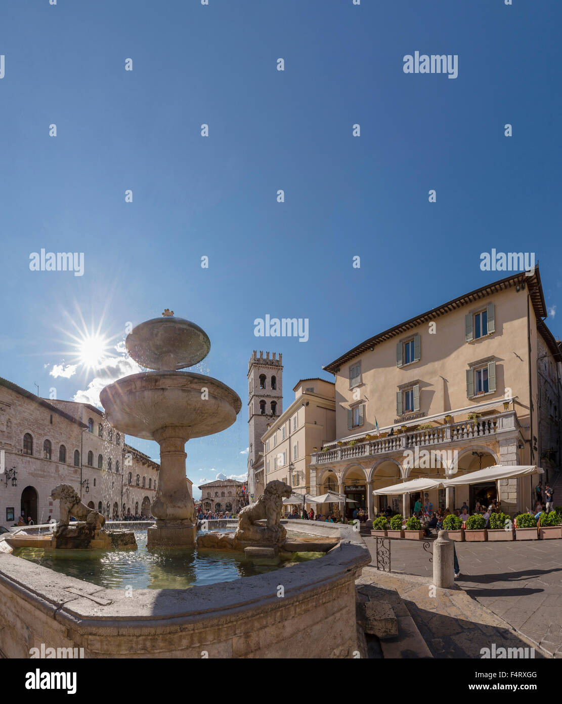 Italy, Europe, Assisi, Umbria, Piazza del Comune, village, water, spring, people, fountain, Stock Photo