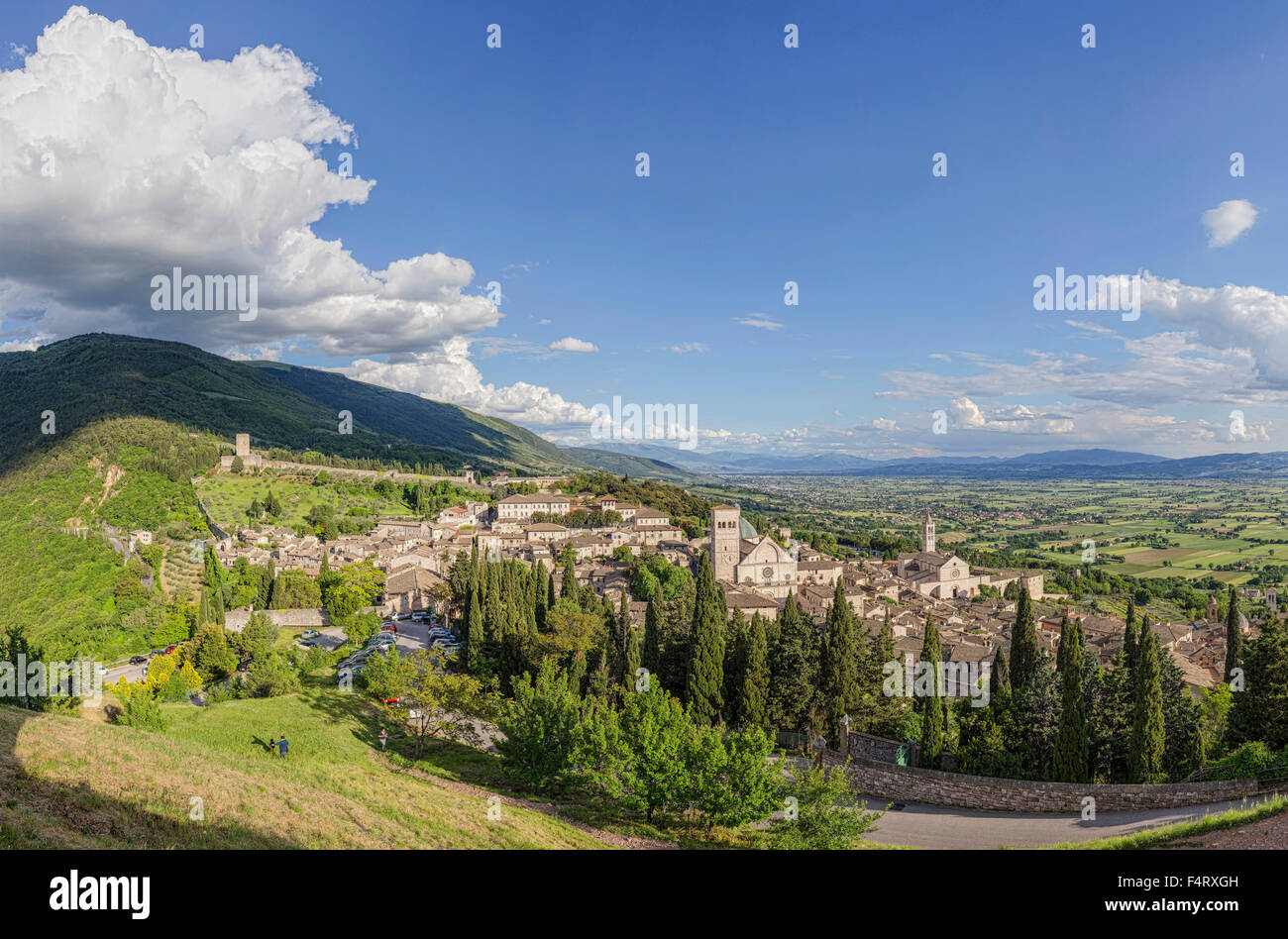 Italy, Europe, Assisi, Umbria, View, castle, Rocca Maggiore, landscape, spring, mountains, hills, Stock Photo