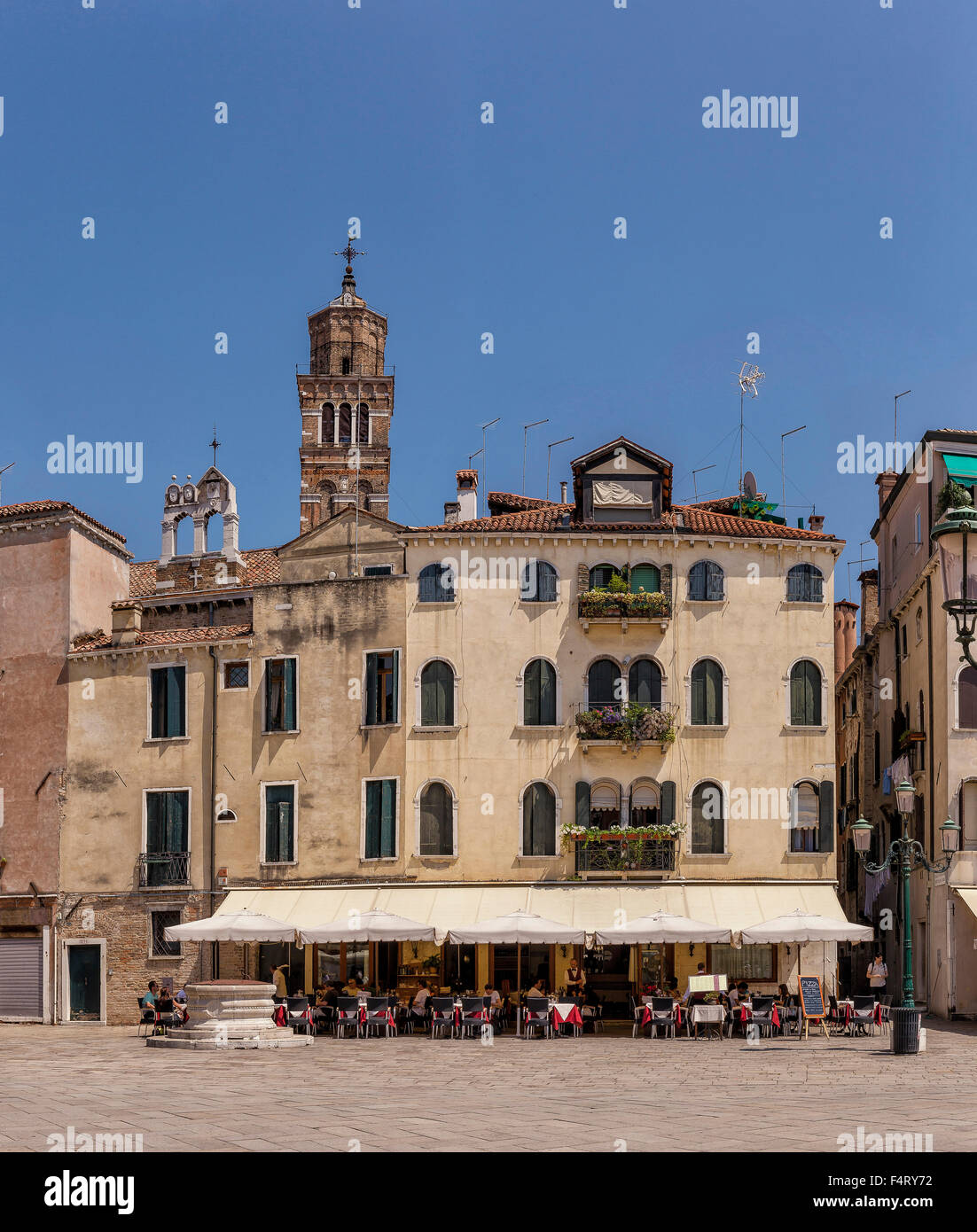 Italy, Europe, Venezia, Venice, Veneto, Campo Santo Stefano, San Marco, village, summer, people, outdoor cafe, Stock Photo