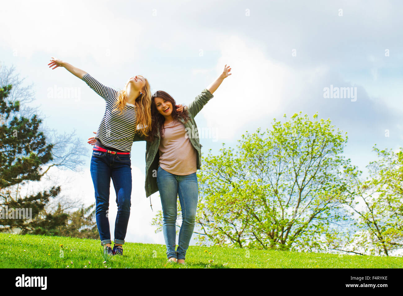 Two happy girls in nature Stock Photo