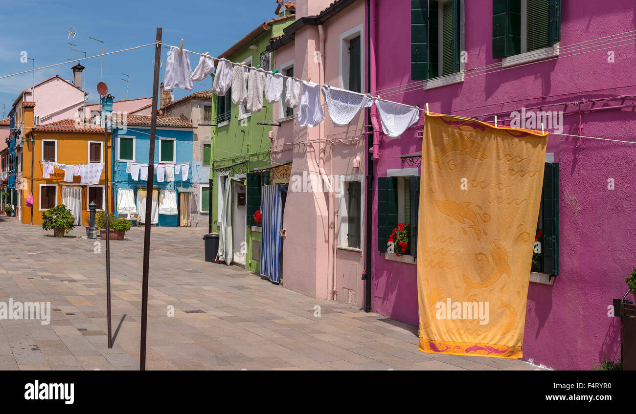 Italy, Europe, Venezia, Venice, Veneto, coloured, houses, Burano, village, summer, Stock Photo