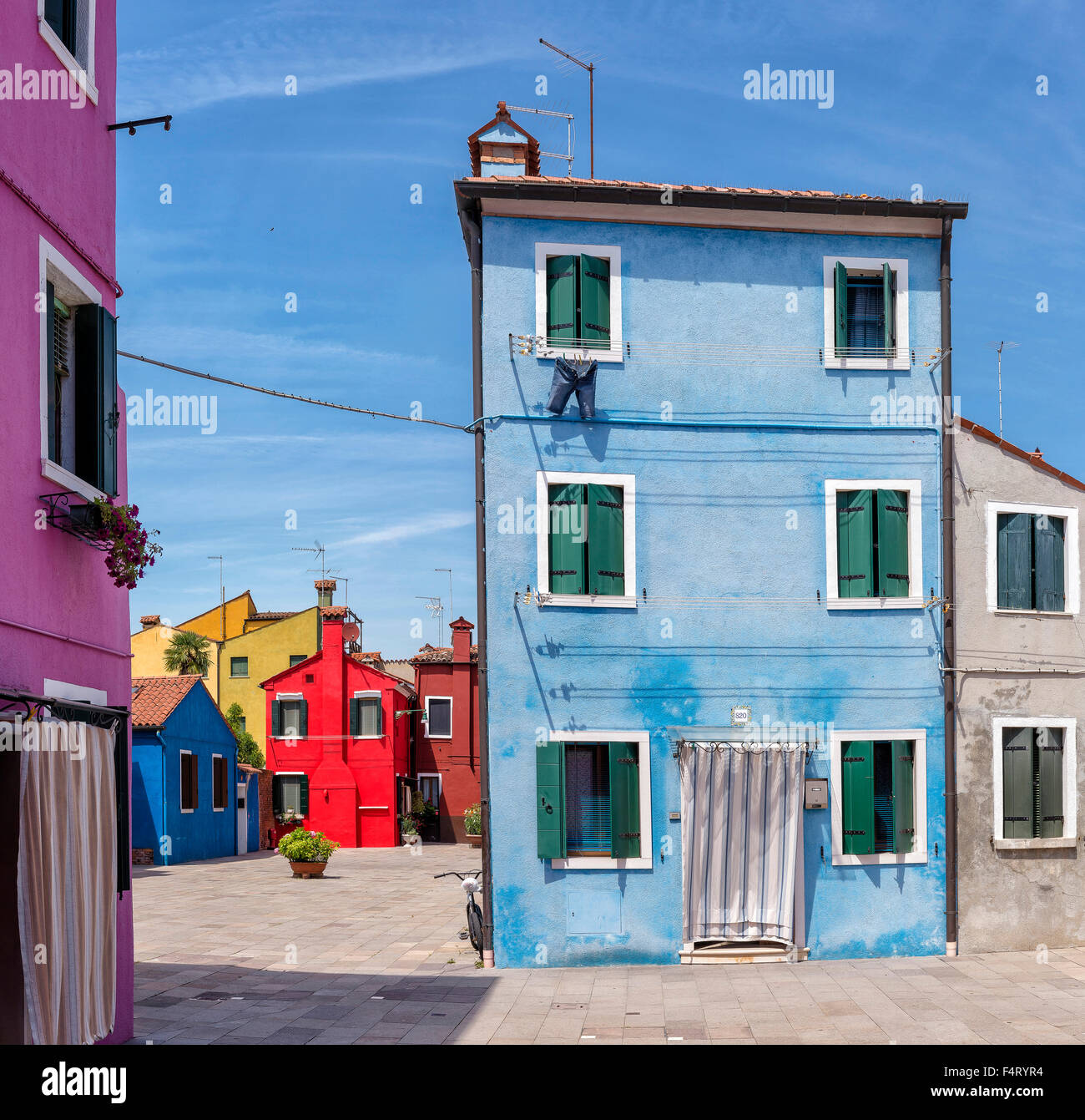 Italy, Europe, Venezia, Venice, Veneto, coloured, houses, Burano, village, summer, Stock Photo