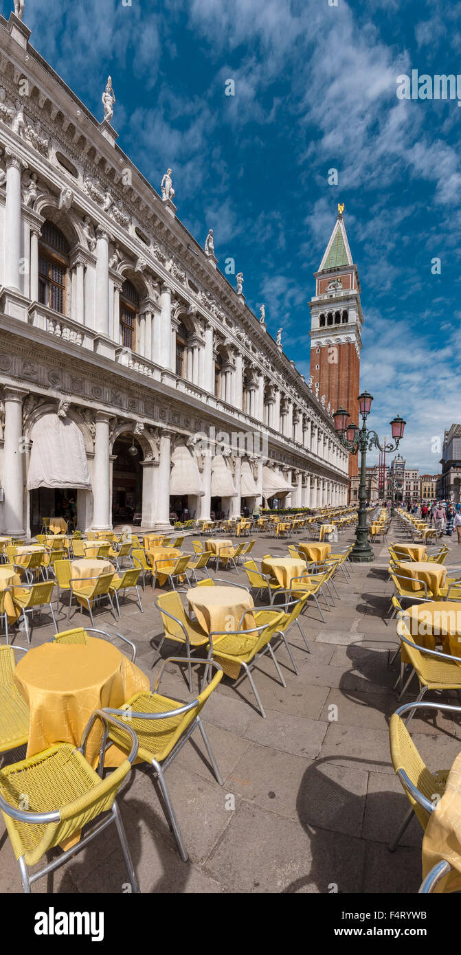 Italy, Europe, Venezia, Venice, Veneto, Piazza San Marco, campanile, Caffè Chioggia, village, summer, outdoor cafe, Stock Photo