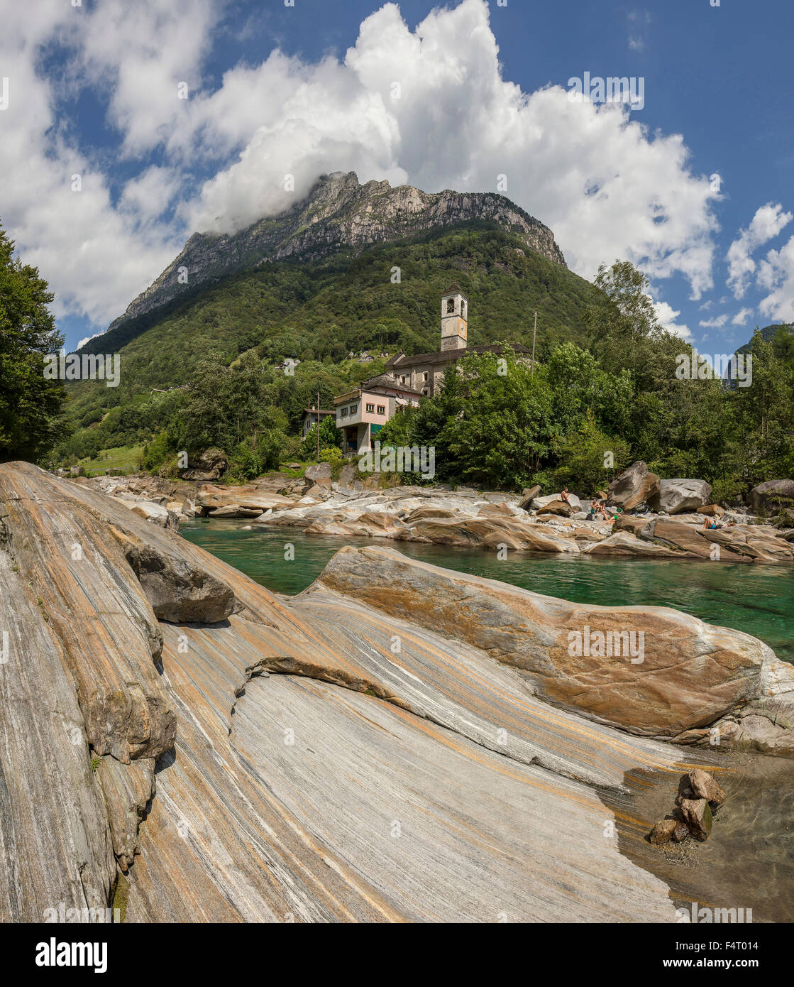 Switzerland, Europe, Lavertezzo, Ticino, Rocks, coloured, stripes, Verzasca valley, landscape, water, trees, summer, mountains, Stock Photo