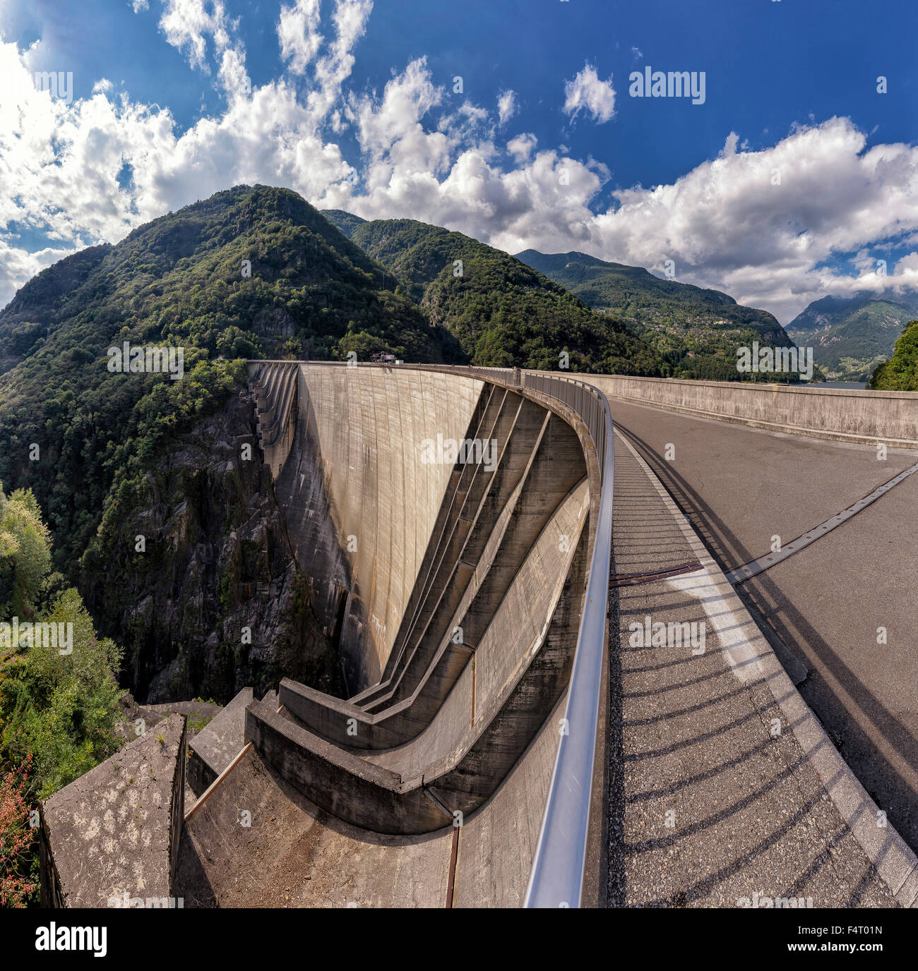 Switzerland, Europe, Mergoscia, Ticino, Barrage, Verzasca valley, landscape, summer, mountains, hills, dam, Stock Photo