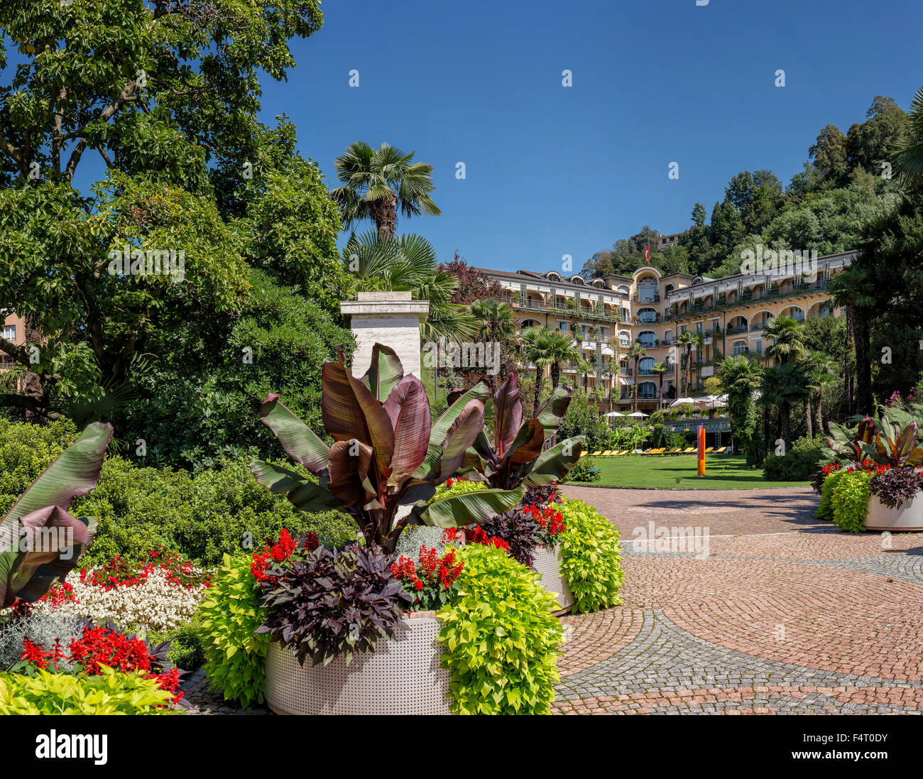 Switzerland, Europe, Lugano, Ticino, Luxury, hotel, large, garden, village, flowers, summer, Stock Photo