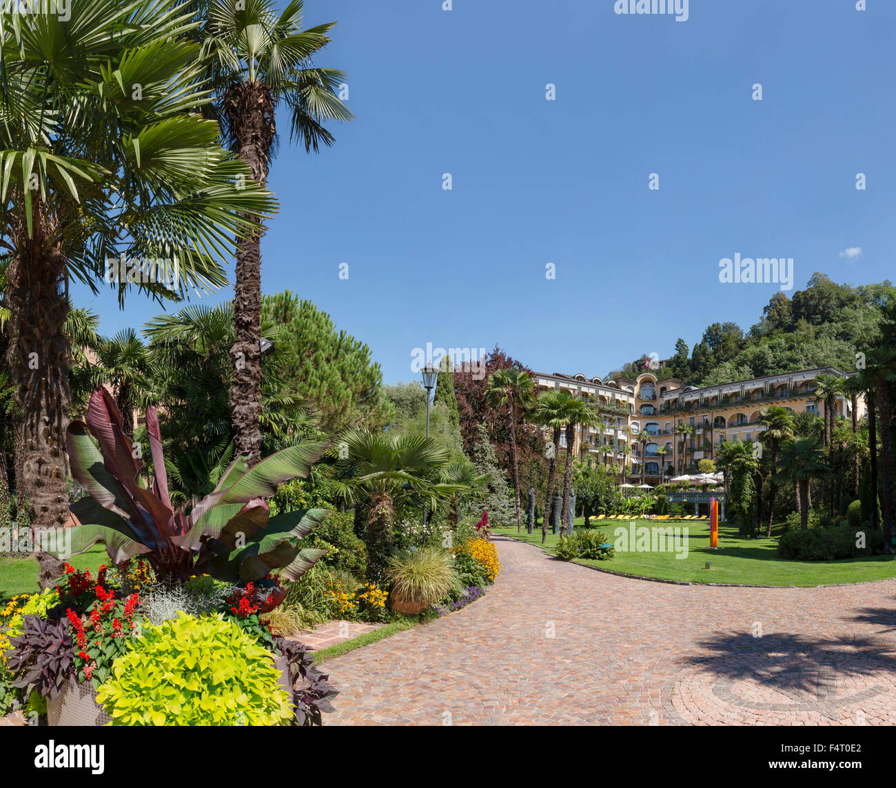 Switzerland, Europe, Lugano, Ticino, Luxury, hotel, large, garden, village, flowers, summer, palm trees, Stock Photo