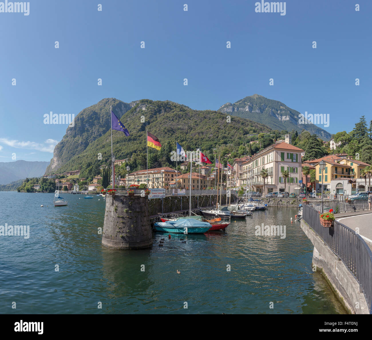 Italy, Europe, Menaggio, Lombardy, Little port, Lake Como, city, water, summer, mountains, lake, ships, boat, Stock Photo
