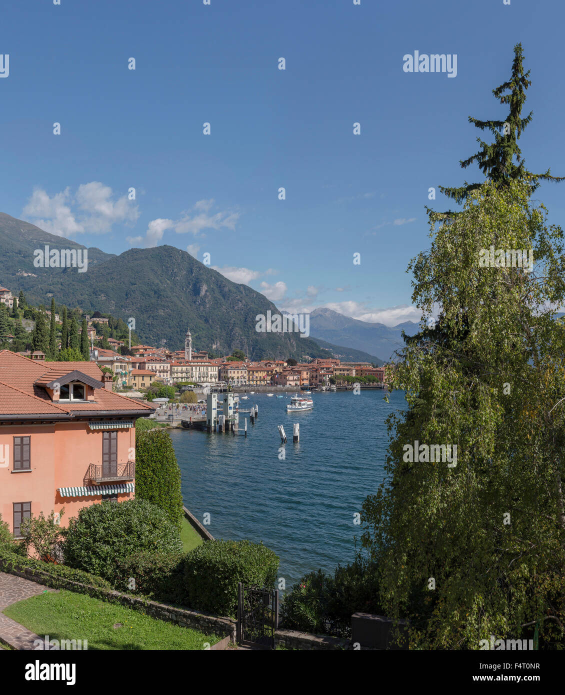 Italy, Europe, Menaggio, Lombardy, View, Lake Como, city, water, summer, mountains, lake, ships, boat, Stock Photo