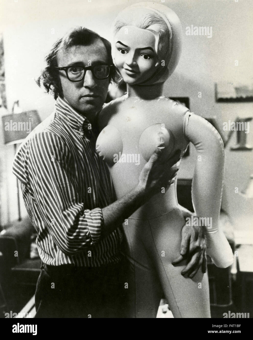 American director and actor Woody Allen with a rubber doll, USA Stock Photo