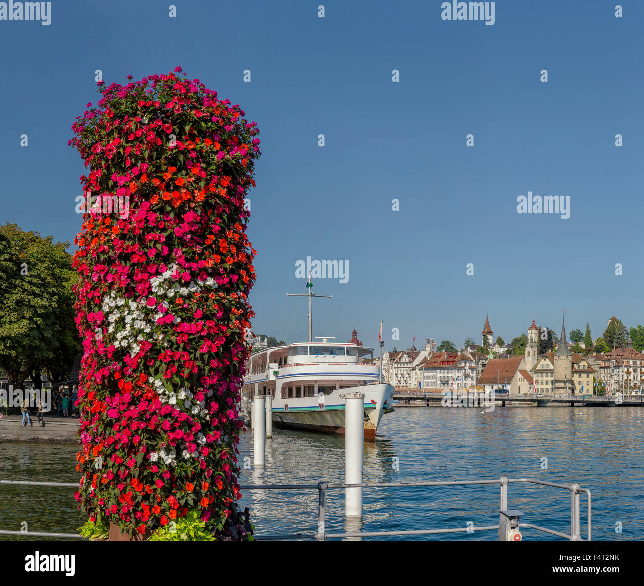 Switzerland, Europe, Luzern, Lucerne, Round-trip, boat, Vierwaldstättersee Schifffahrtgesellschaft, city, water, flowers, summer Stock Photo