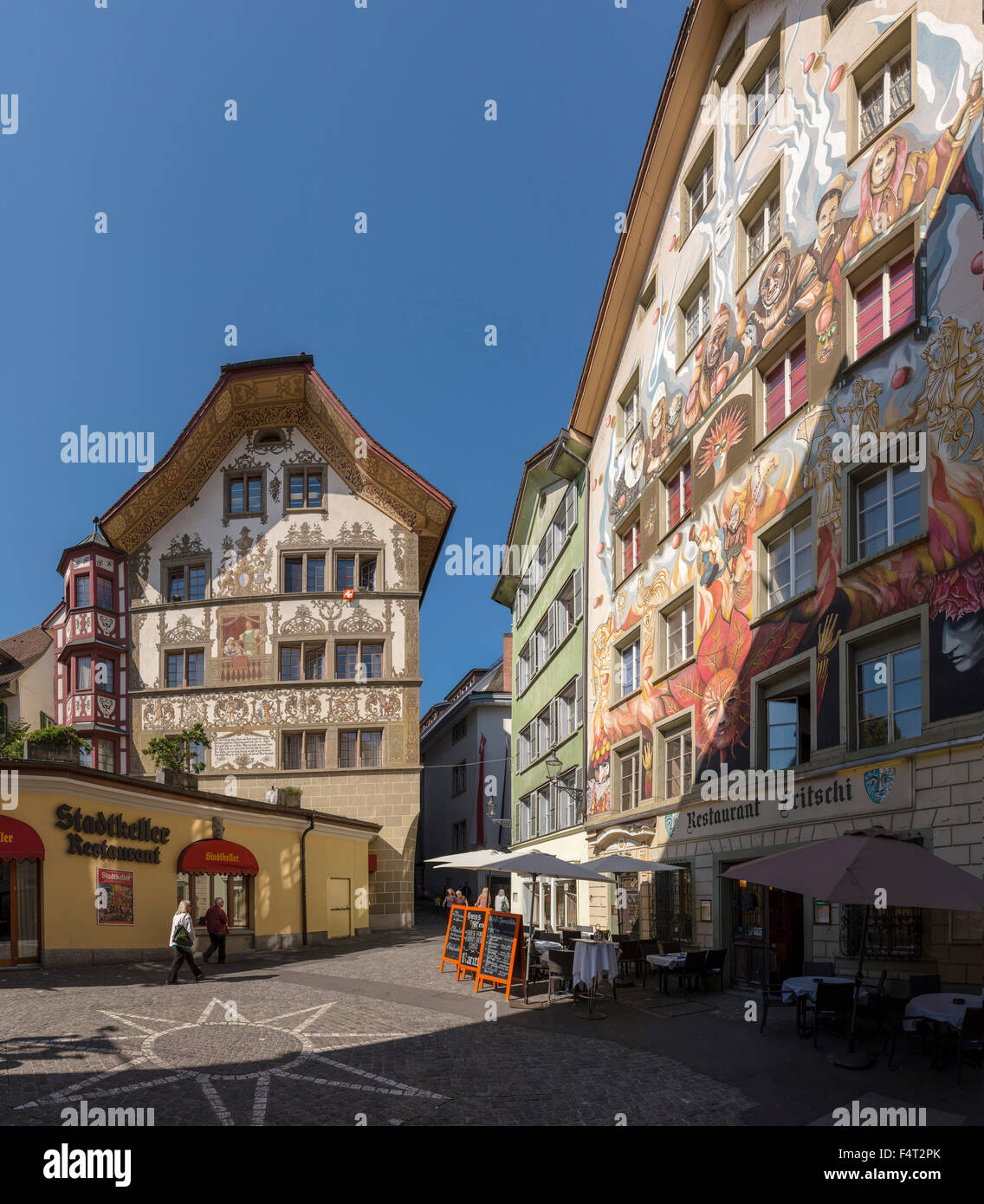 Switzerland, Europe, Luzern, Lucerne, Sternenplatz, Restaurant Fritschi, decorated, house, city, summer, people, Stock Photo