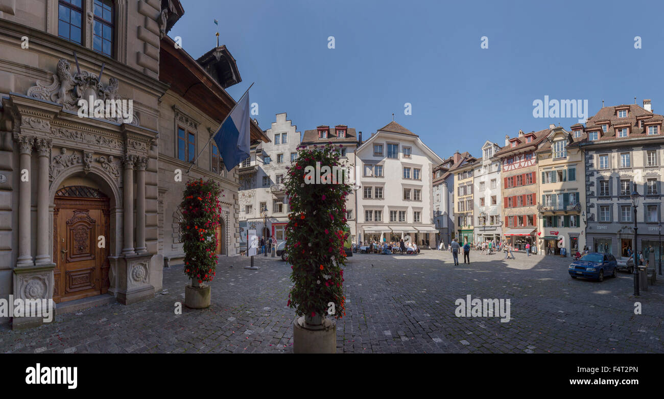 Switzerland, Europe, Luzern, Lucerne, Kornmarkt, Town Hall, city, summer, people, Stock Photo