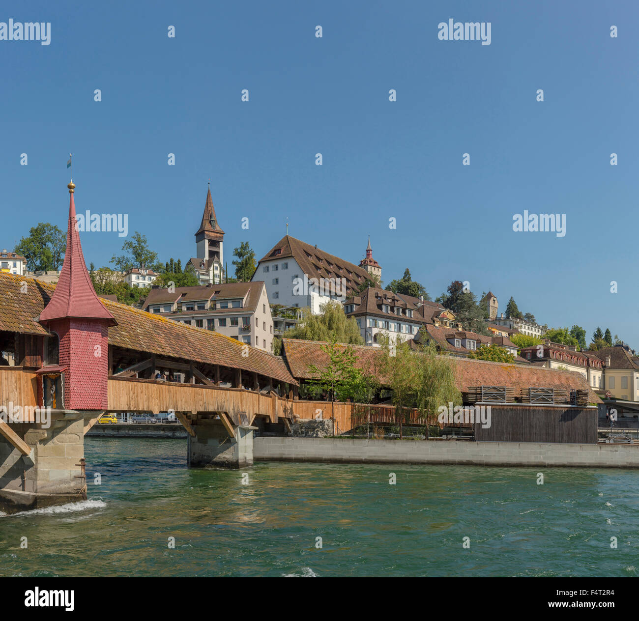 Switzerland, Europe, Luzern, Lucerne, Spreuerbrücke, river, Reuss, city, water, summer, Stock Photo