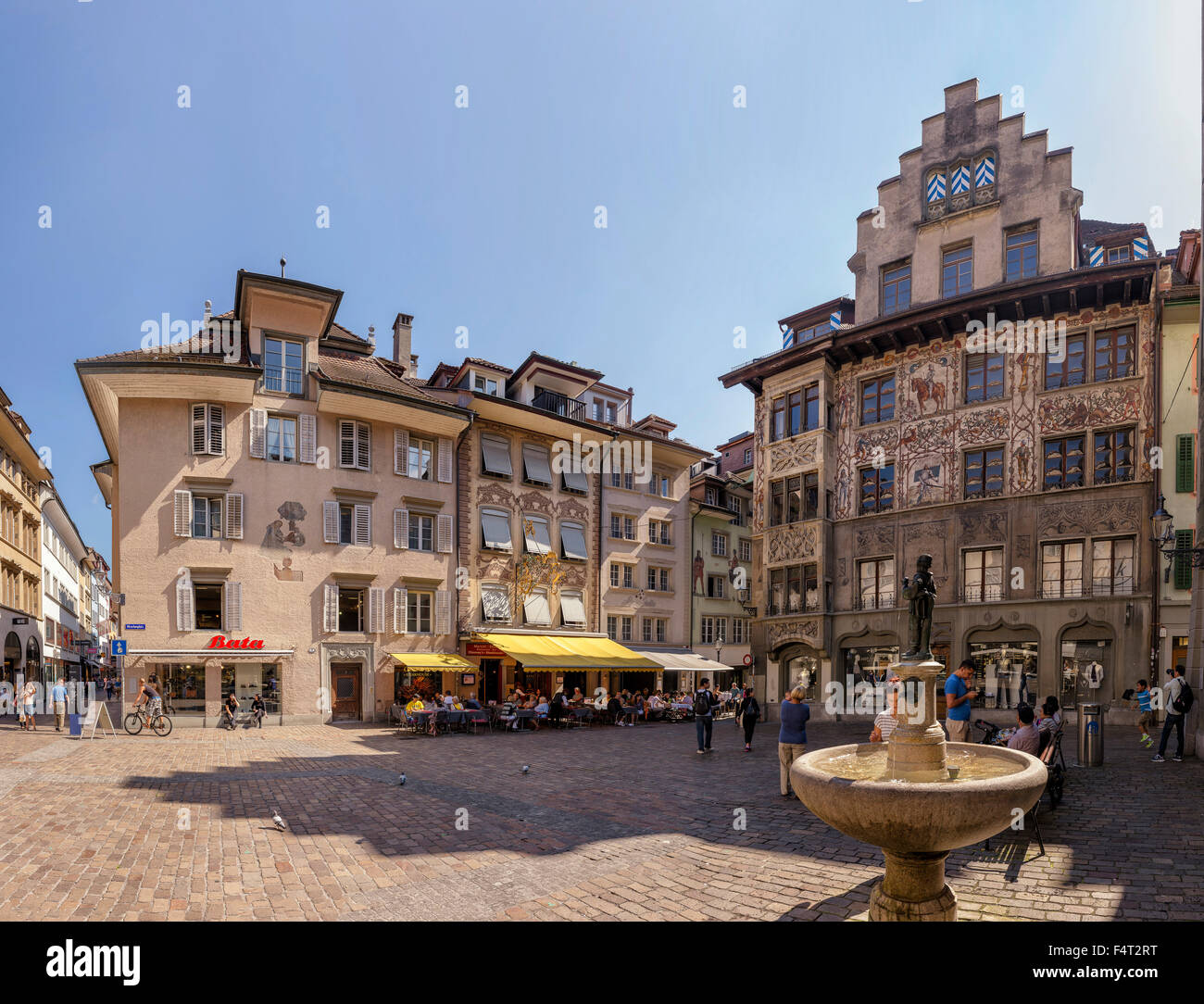 Switzerland, Europe, Luzern, Lucerne, Decorated, houses, Hirschenplatz, city, summer, people, Stock Photo
