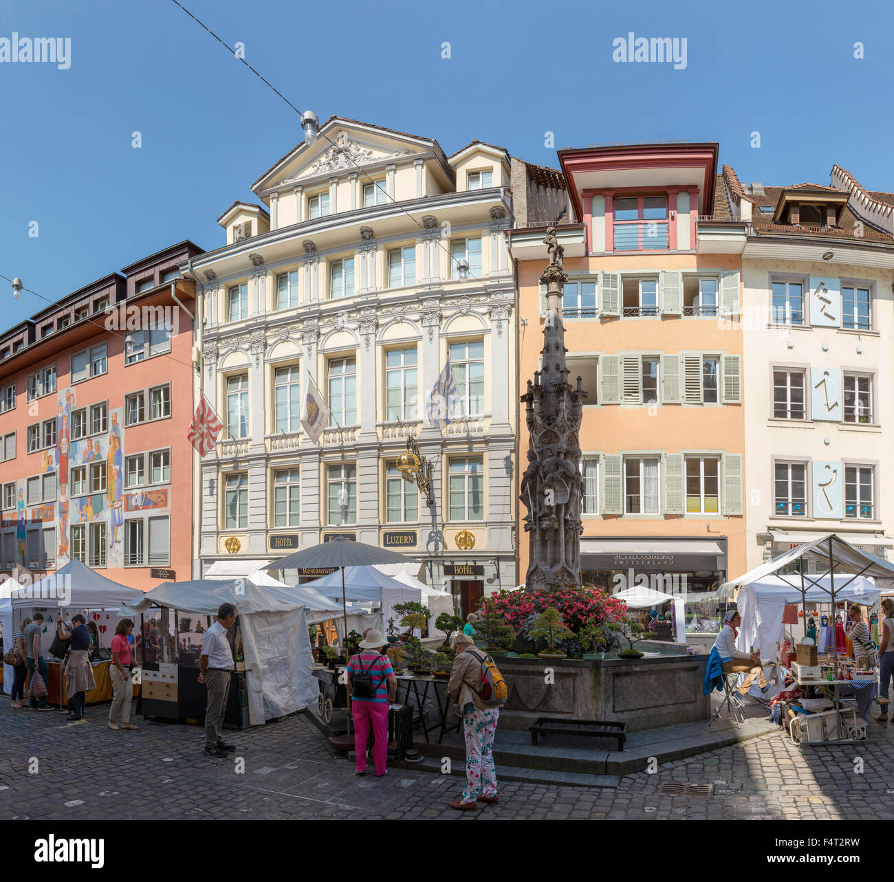 Switzerland, Europe, Luzern, Lucerne, Open-air, market, Weinmarkt, city, summer, people, Stock Photo