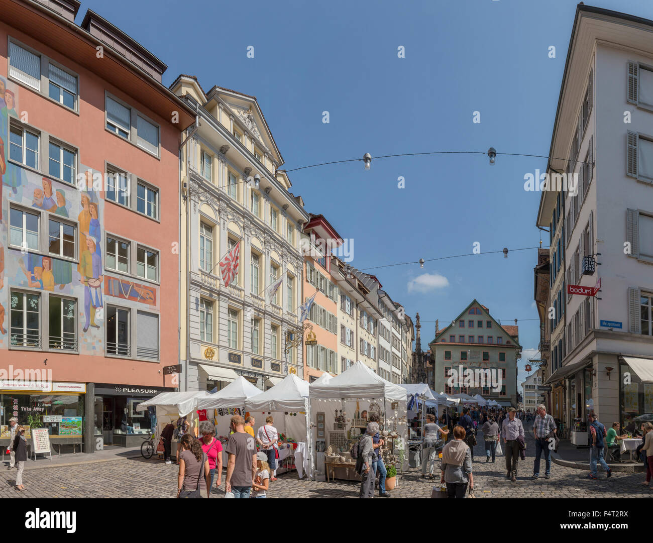 Switzerland, Europe, Luzern, Lucerne, Open-air, market, Weinmarkt, city, summer, people, Stock Photo