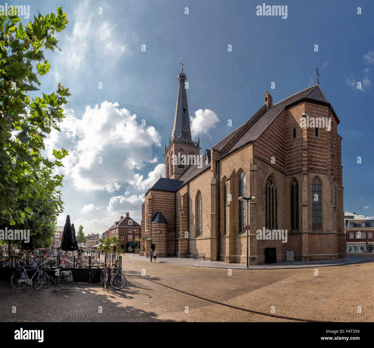 Netherlands, Holland, Doetinchem, Gelderland, Church, main square, city, village, summer, people, outdoor cafe, Stock Photo