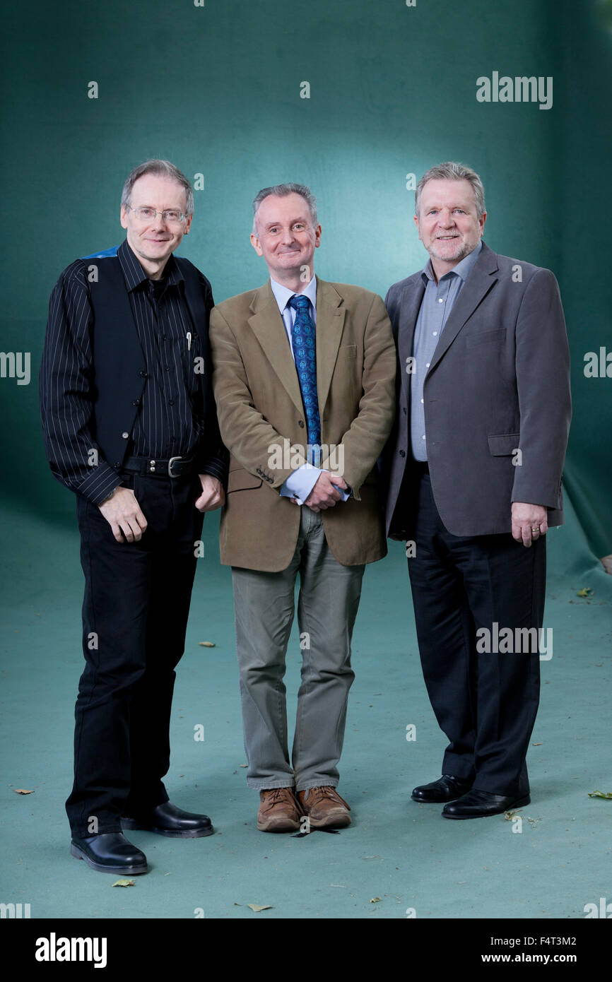 David Alexander (left), illustrator, John McShane (centre), Scottish author and Jerry Brannigan, Scottish author, at the Edinburgh International Book Festival 2015. Edinburgh. 31st August 2015 Stock Photo