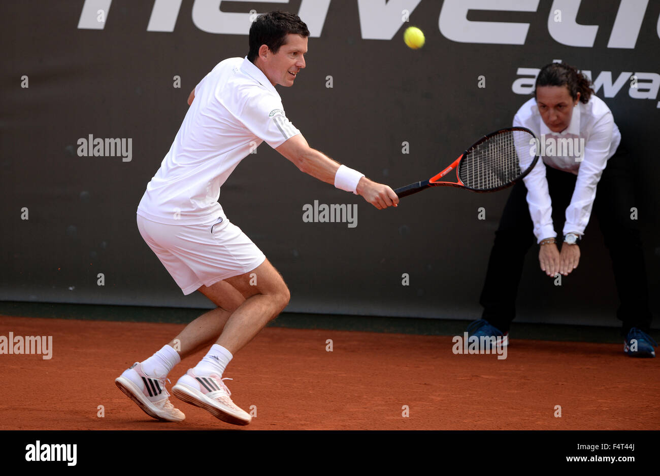 Tim Henman, former professional tennis player playing a match in the ...