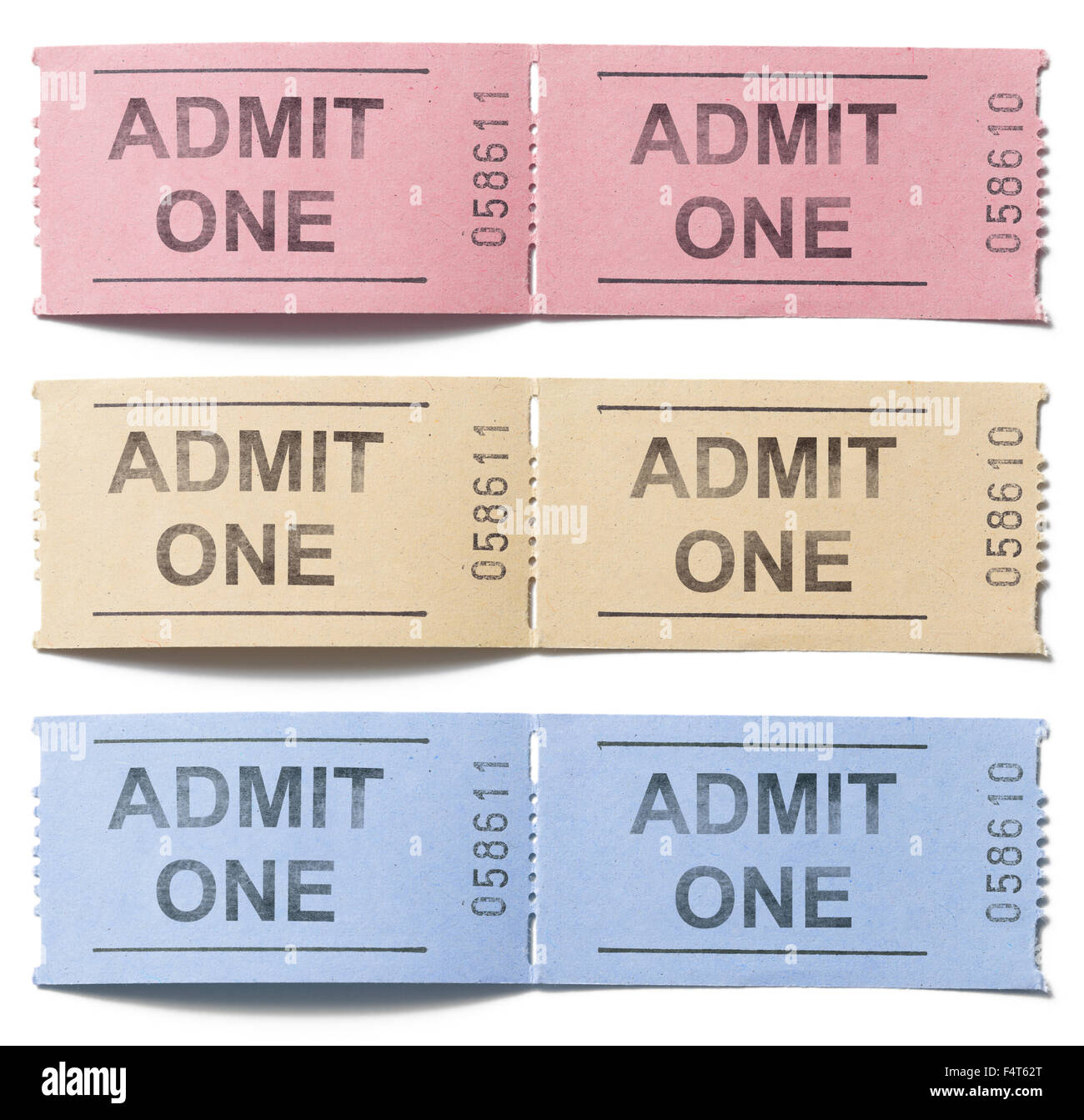 colorful tickets admit one set isolated on white Stock Photo