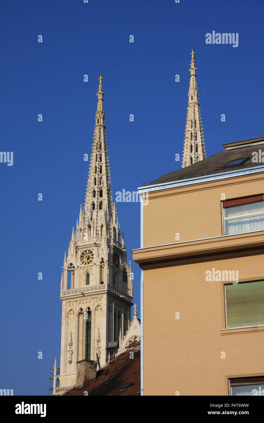 Croatia, the Balkans, Balkans, Zagreb, Europe, church, steeple, cathedral, roof Stock Photo