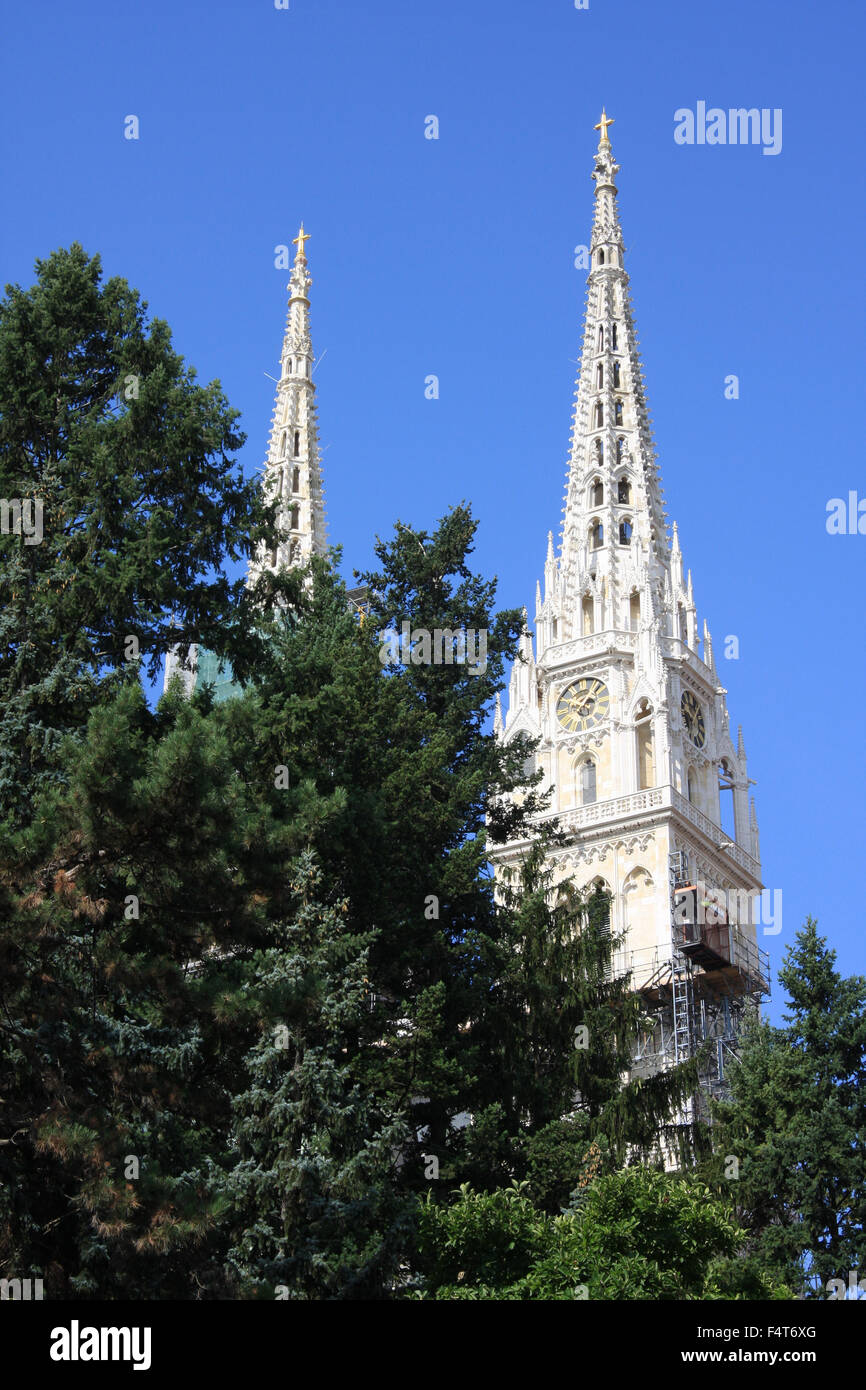 Croatia, the Balkans, Balkans, Zagreb, Europe, church, steeple, cathedral, trees Stock Photo