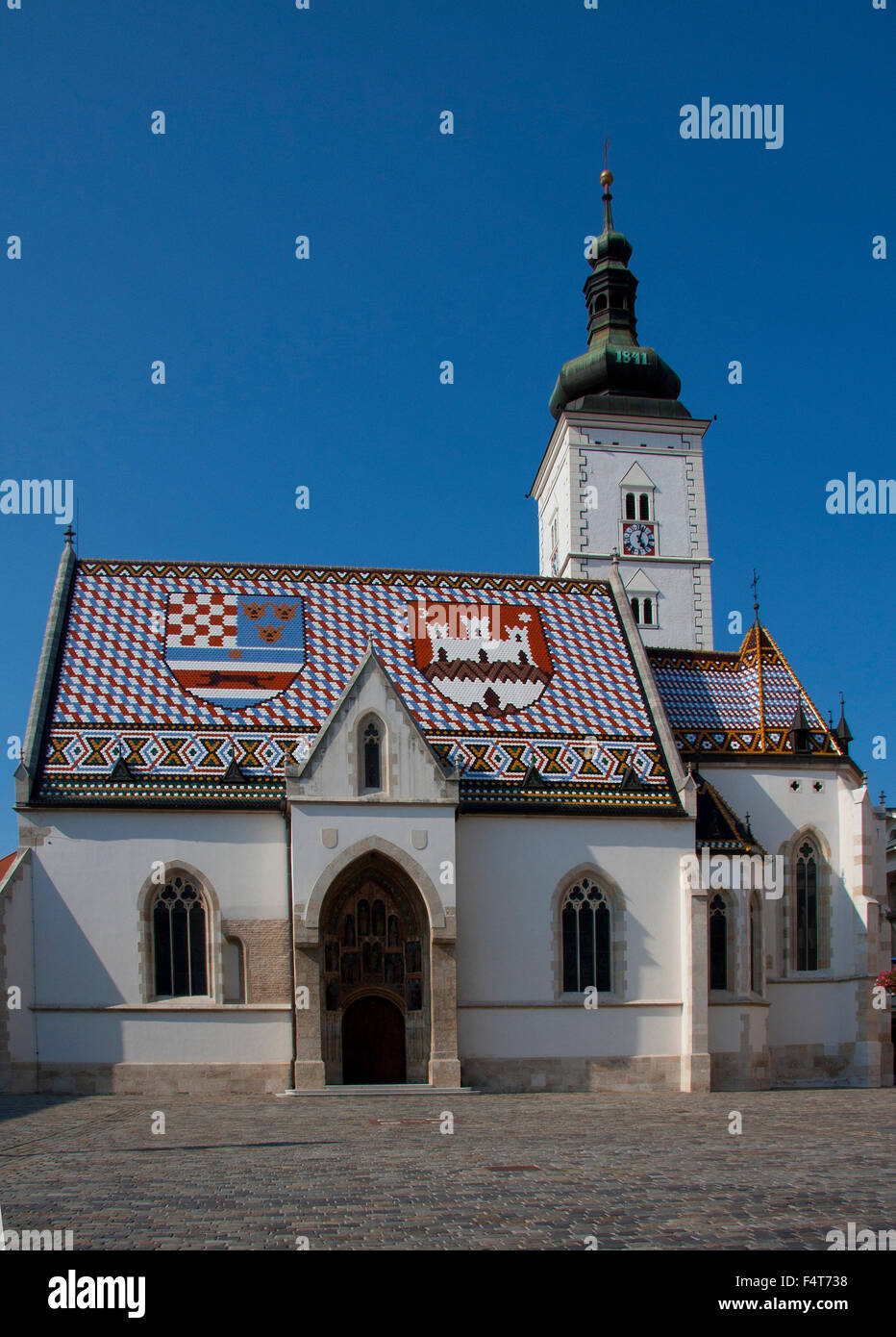 Croatia, the Balkans, Balkans, Zagreb, Europe, upper town, Marka, Saint Mark, church, roof, gothisch, coats of arms, Markov, Stock Photo