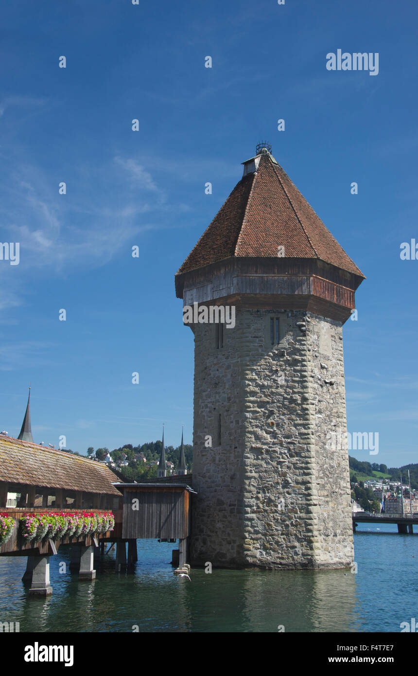 Water Tower and Chapel Bridge Lucerne Switzerland Stock Photo