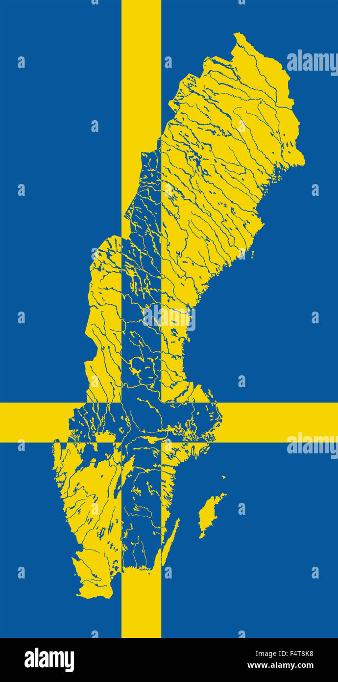 Map of Sweden in colors of the Swedish flag. Colors of flag are proper. Rivers and lakes are shown. Stock Photo