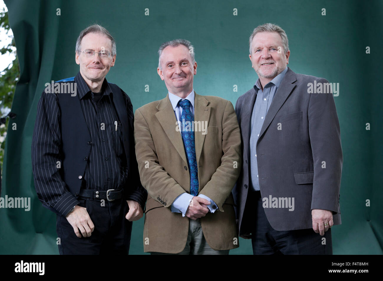 David Alexander (left), illustrator, John McShane (centre), Scottish author and Jerry Brannigan, Scottish author, at the Edinburgh International Book Festival 2015. Edinburgh. 31st August 2015 Stock Photo