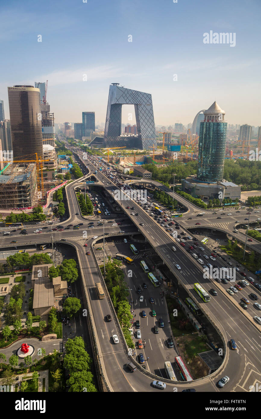 China, Beijing, Peking, City, Guomao District skyline, East second ring road, CCTV Headquarters building, Stock Photo