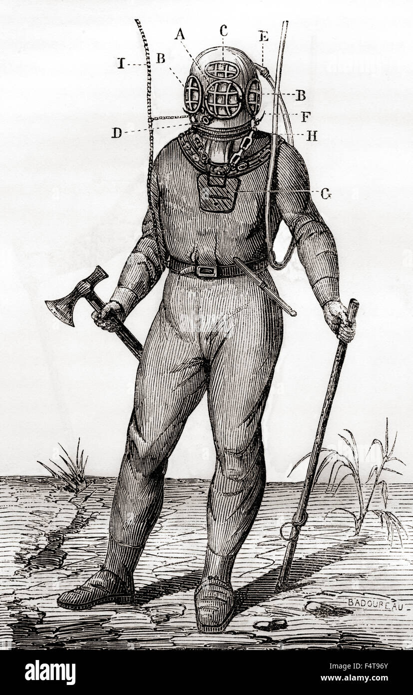 A standard diving suit patented by Joseph-Martin Cabirol in 1855. The helmet included a hand-controlled tap that the diver used to evacuate his exhaled air. Stock Photo
