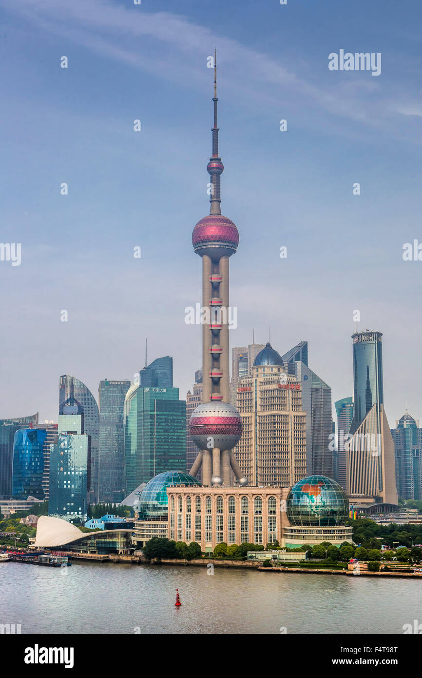 China, Shanghai City, Pudong District skyline, Oriental Pearl TV Tower Stock Photo