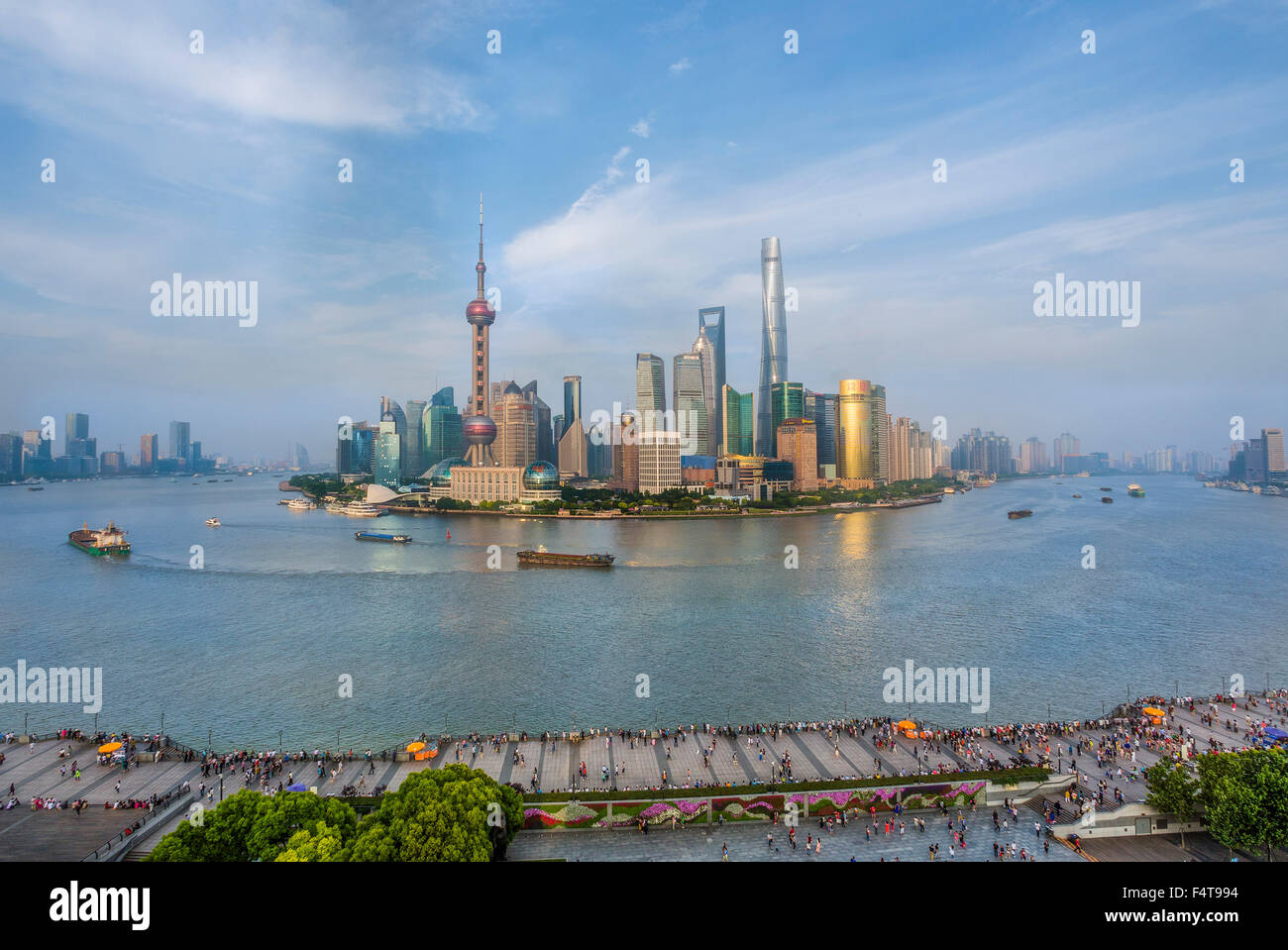 China, Shanghai City, The Bund and Pudong District Skyline, Huangpu River Stock Photo