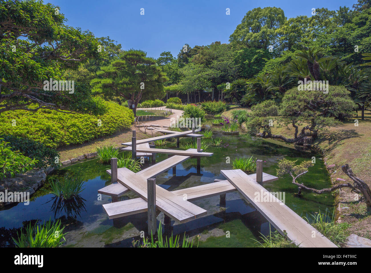 Japan, Okayama, Korakuen Garden bridge Stock Photo