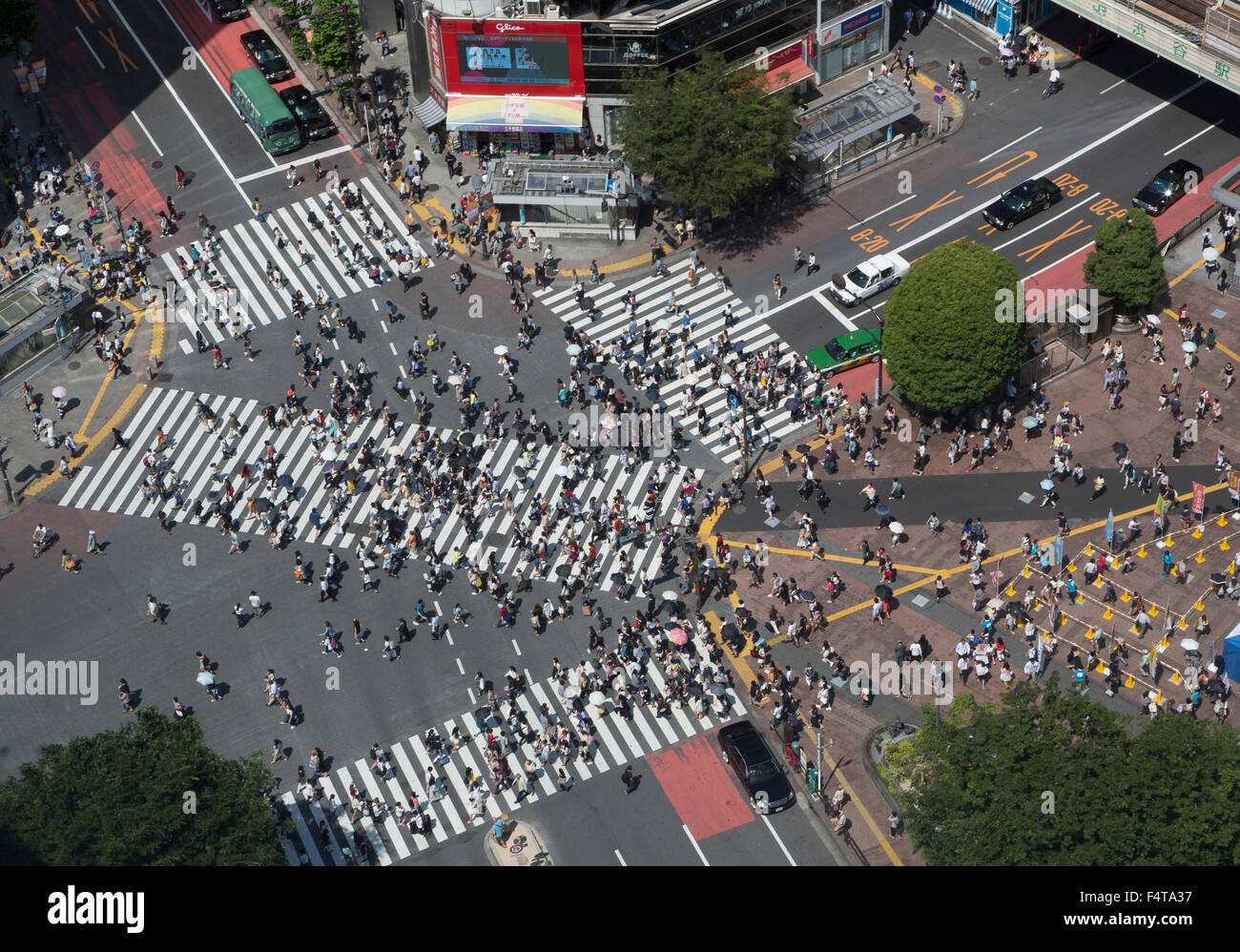 Japan, Tokyo City, Shibuya District, Hachiko Crossing, Shibuya Station West exit. Stock Photo