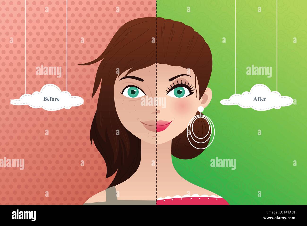 A vector  illustration of a beautiful woman before and after makeup Stock Vector