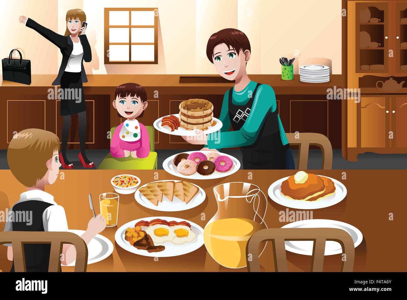 A vector illustration of a stay at home father eating breakfast with his kids  while mom is getting ready to go to work Stock Vector