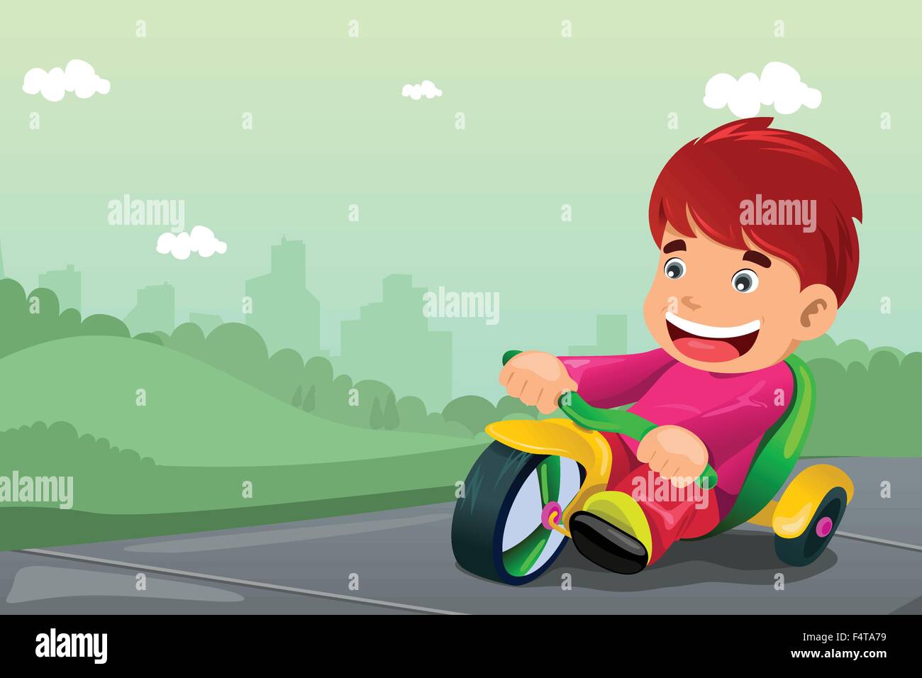 A vector illustration of cute boy riding tricycle in the park Stock Vector