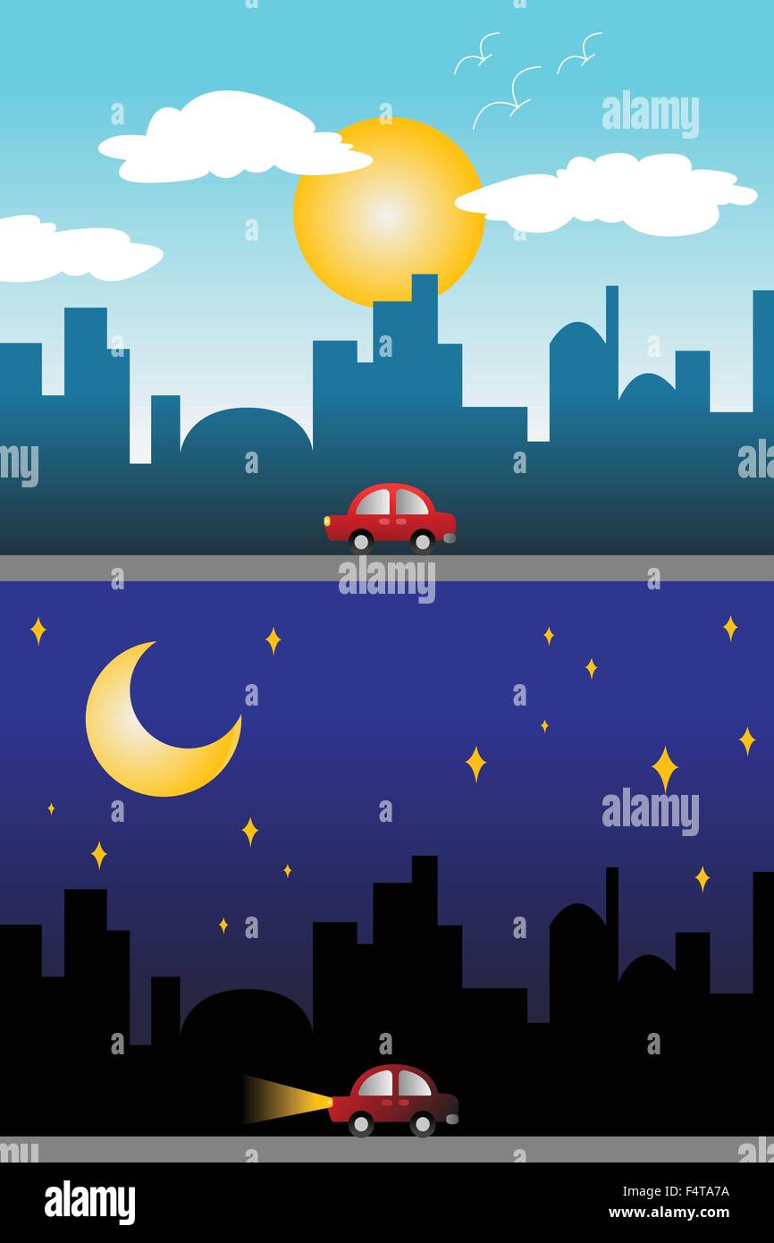 A vector illustration of day and night view of a modern city Stock Vector