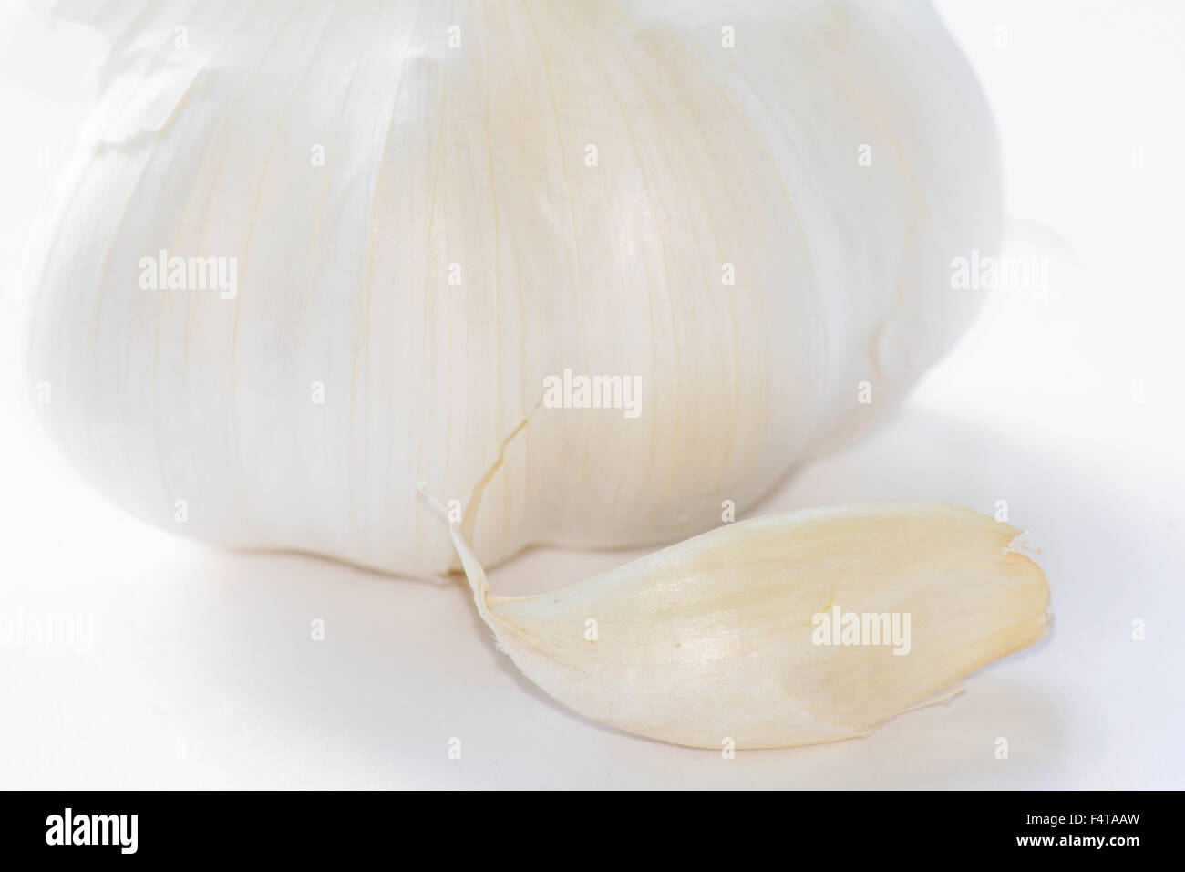 Clove of garlic with garlic head in background Stock Photo Alamy