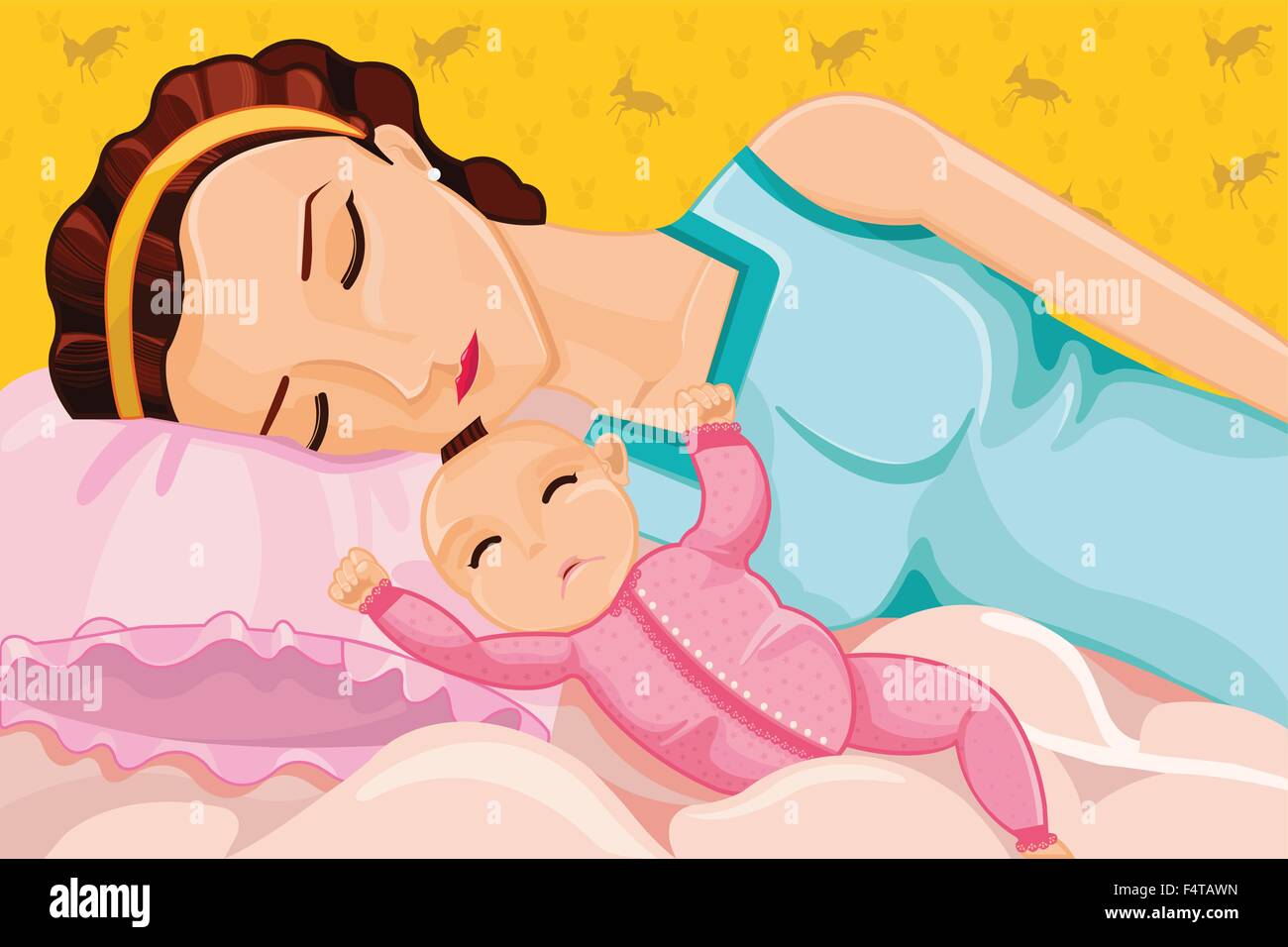 A vector illustration of mother sleeping with a baby on bed Stock Vector