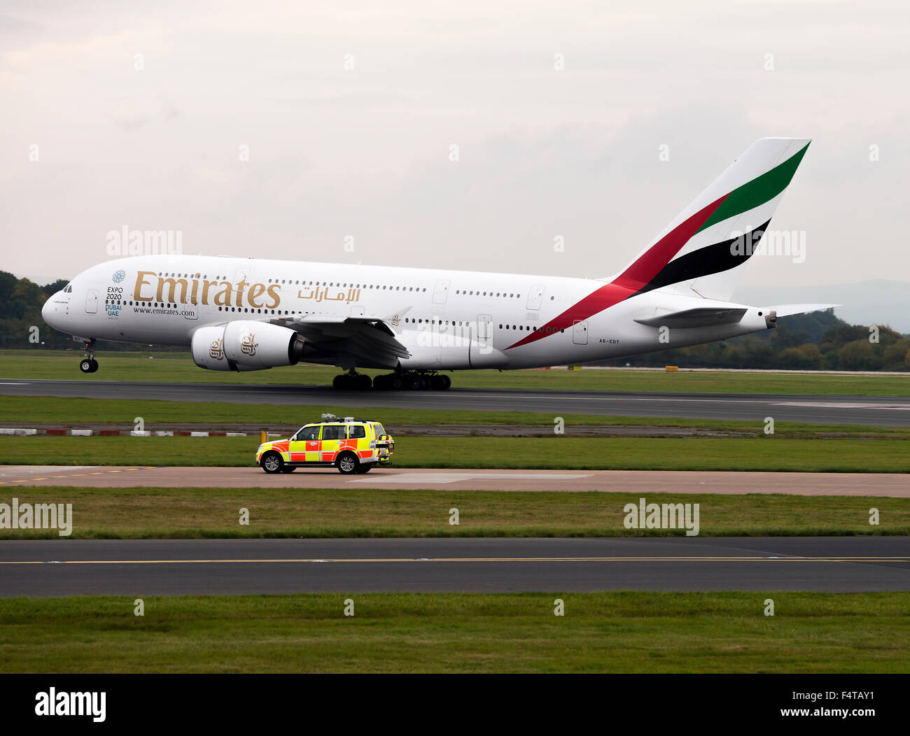 Emirates Airline Airbus A380-861 Airliner A6-EDT Landing at Manchester International Airport England United Kingdom UK Stock Photo