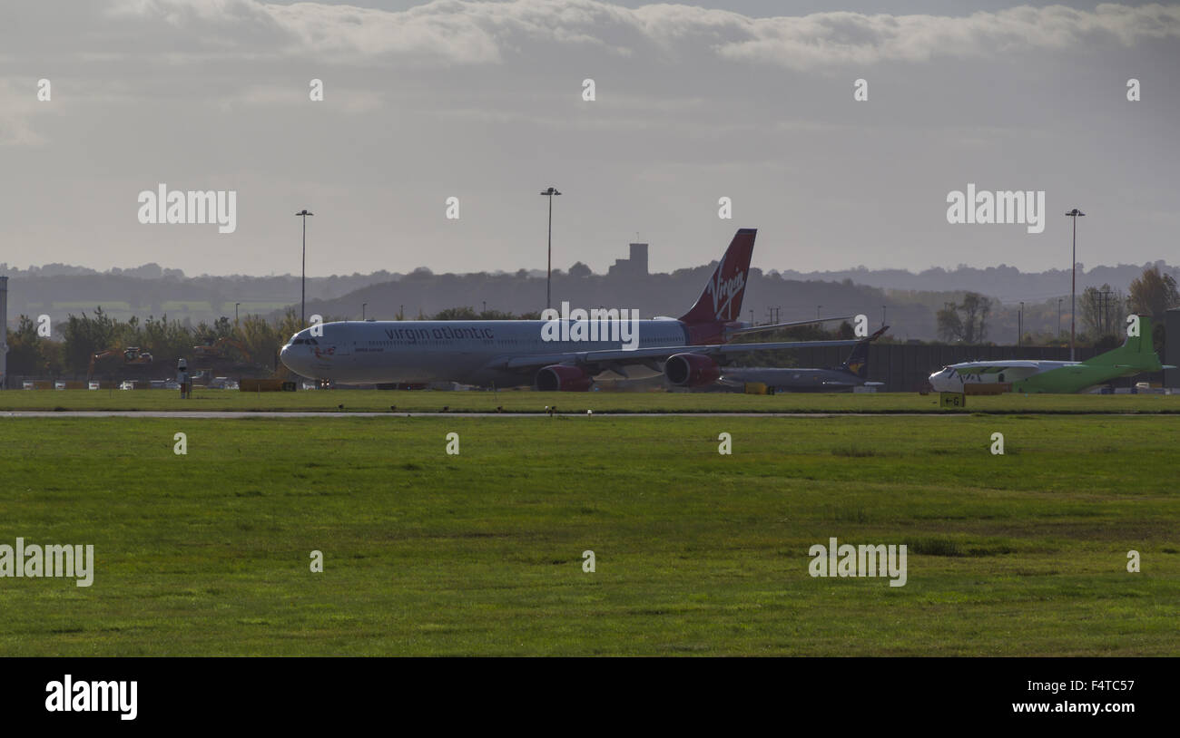 East Midlands Airport, UK. 22nd October, 2015. Virgin Atlantic's Dancing Queen Airbus A340-600 Visits East Midlands Airport for tests and training. Credit:  Neil Cuthbertson/Alamy Live News Stock Photo