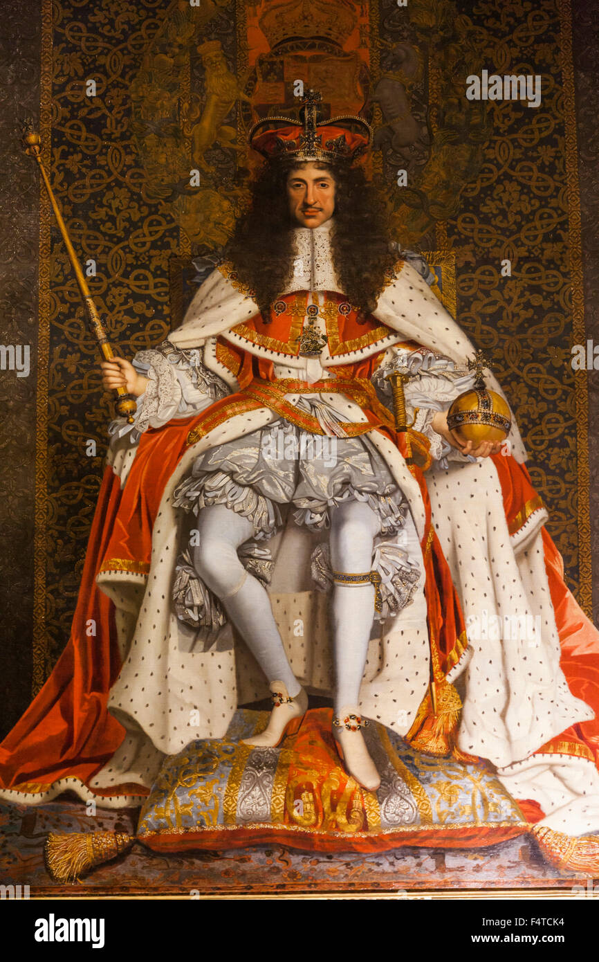 England, Middlesex, London, Kingston-upon-Thames, Hampton Court Palace, William III's Apartments, Portrait of Charles II by John Stock Photo