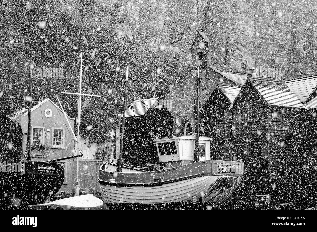 Snowing at Rock-a-Nore. Old town Hastings. England.UK Stock Photo